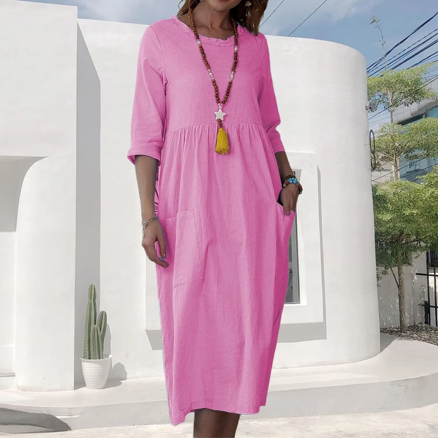 Linen Dresses for Women 2025 Elegant Summer Short Sleeve Crew Neck Flowy Swing Mini Dress Casual Fashion Long Dresses