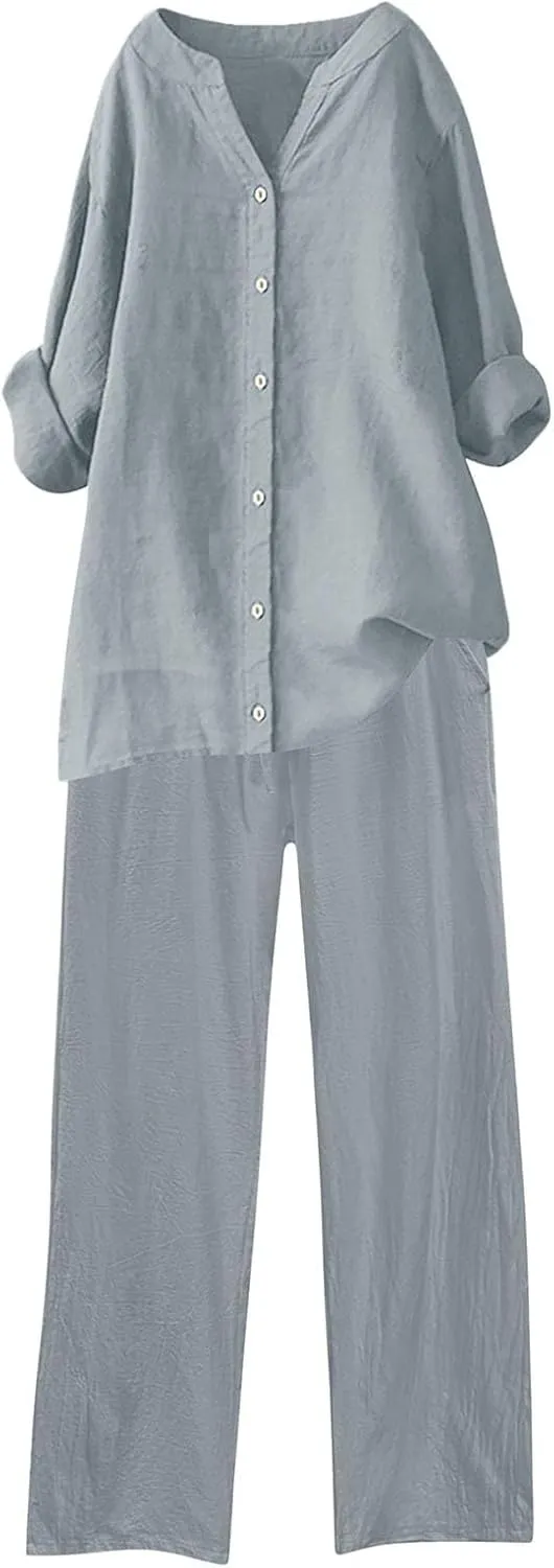 Linen Set for Women 2 Piece Trendy Summer Outfits Plus Size Short Sleeve Beach Tops Capri Pants Lounge Matching Sets