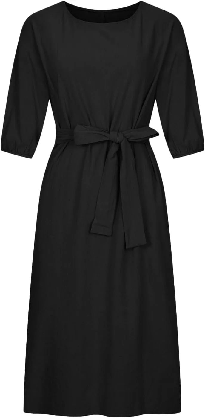 maisdgop Summer Dresses for Women 2025 Sexy Short Sleeve Knee Length Maxi Dress Plus Size Crewneck Cotton Linen Sundress
