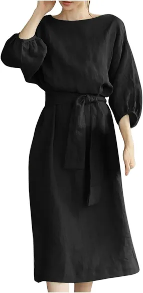 maisdgop Summer Dresses for Women 2025 Sexy Short Sleeve Knee Length Maxi Dress Plus Size Crewneck Cotton Linen Sundress