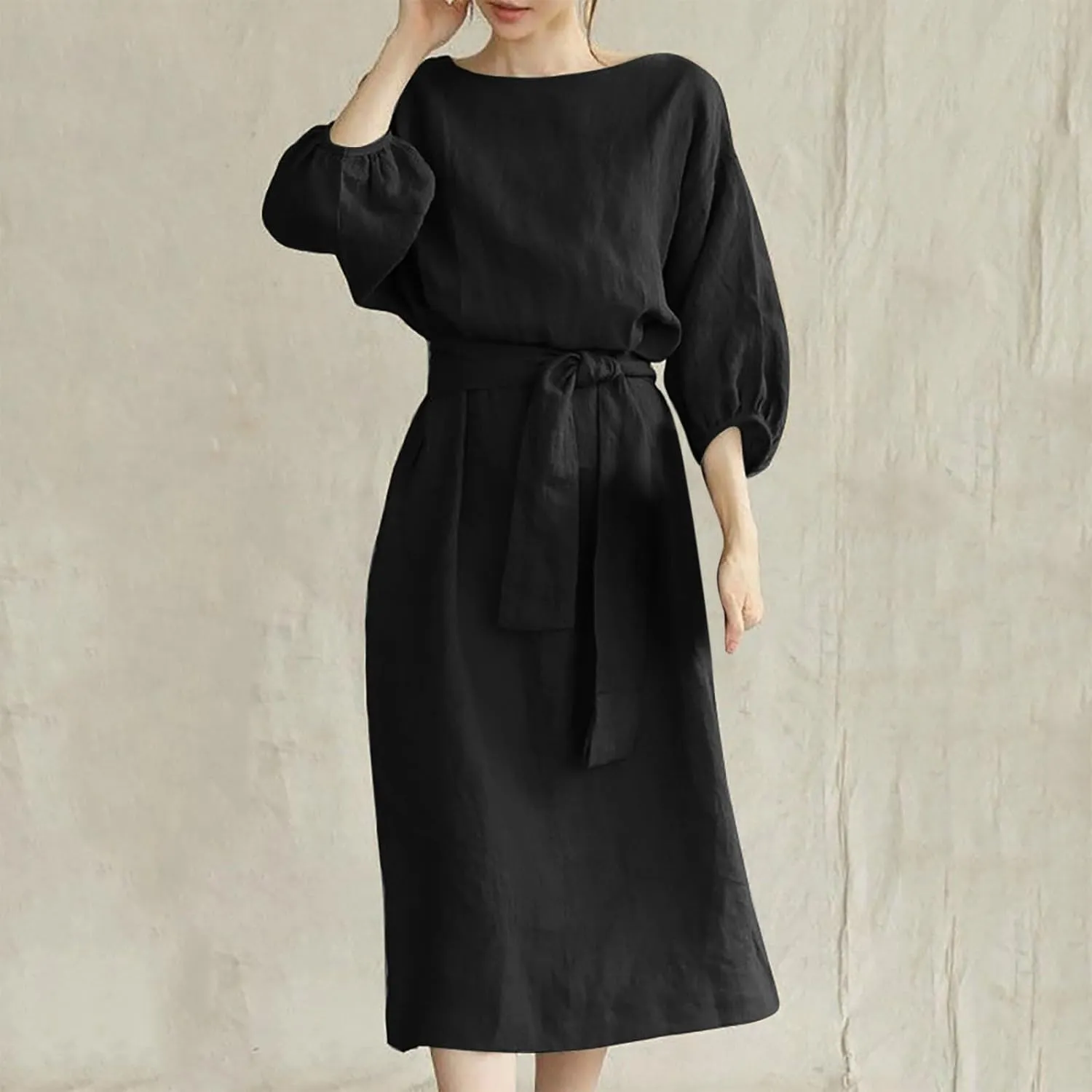 maisdgop Summer Dresses for Women 2025 Sexy Short Sleeve Knee Length Maxi Dress Plus Size Crewneck Cotton Linen Sundress