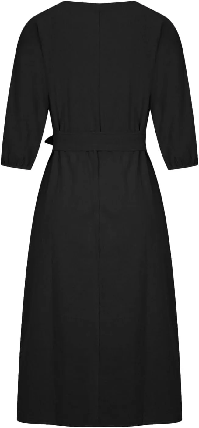 maisdgop Summer Dresses for Women 2025 Sexy Short Sleeve Knee Length Maxi Dress Plus Size Crewneck Cotton Linen Sundress