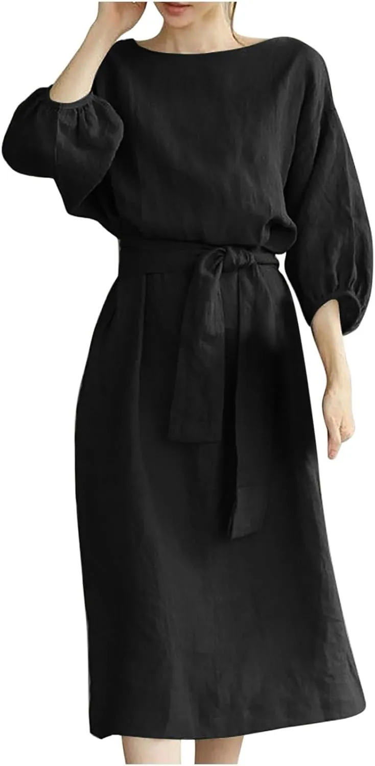 maisdgop Summer Dresses for Women 2025 Sexy Short Sleeve Knee Length Maxi Dress Plus Size Crewneck Cotton Linen Sundress
