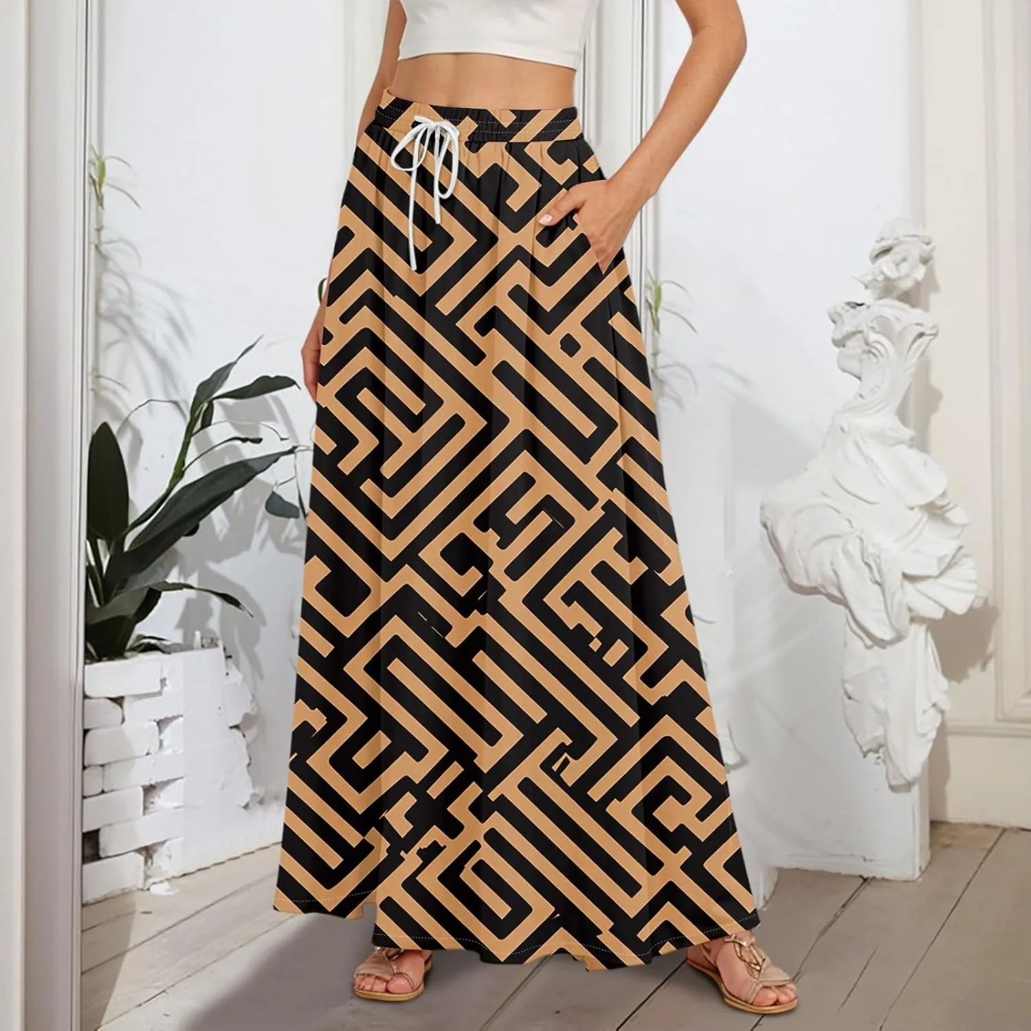 Maxi Floral Flare Skirts for Women 2025 Boho High Elastic Waist Long Flowy Smocked A Line Skirt Skort with Pockets