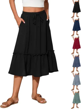 Maxi Skirts for Women Casual Summer High Waisted Drawstring Tiered Skirt Loose Lightweight Flowy Solid A-Line Skirt