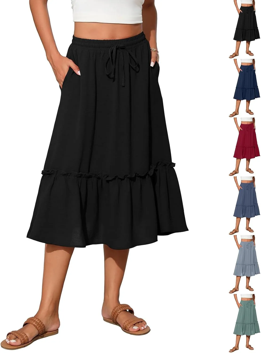 Maxi Skirts for Women Casual Summer High Waisted Drawstring Tiered Skirt Loose Lightweight Flowy Solid A-Line Skirt