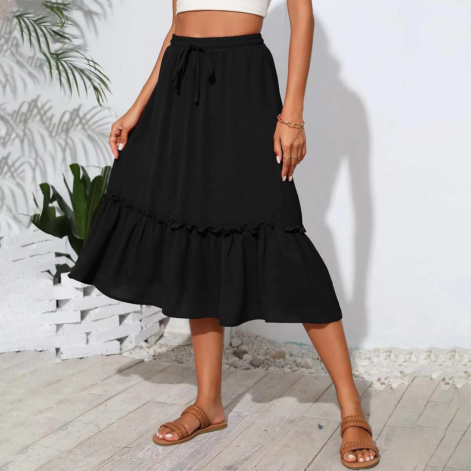 Maxi Skirts for Women Casual Summer High Waisted Drawstring Tiered Skirt Loose Lightweight Flowy Solid A-Line Skirt