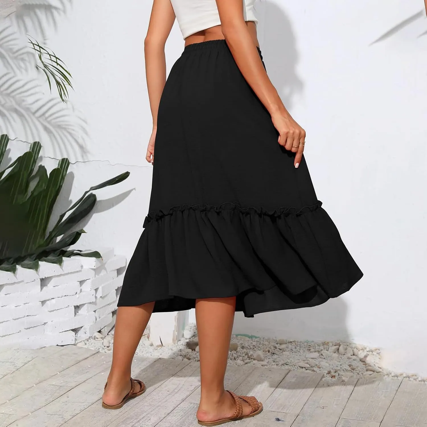Maxi Skirts for Women Casual Summer High Waisted Drawstring Tiered Skirt Loose Lightweight Flowy Solid A-Line Skirt