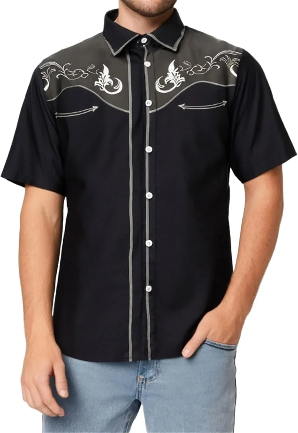 Men's Cowboy Shirts Embroidered Rose Design Big and Tall Casual Loose Tee Tops Western Short Sleeve Button Down