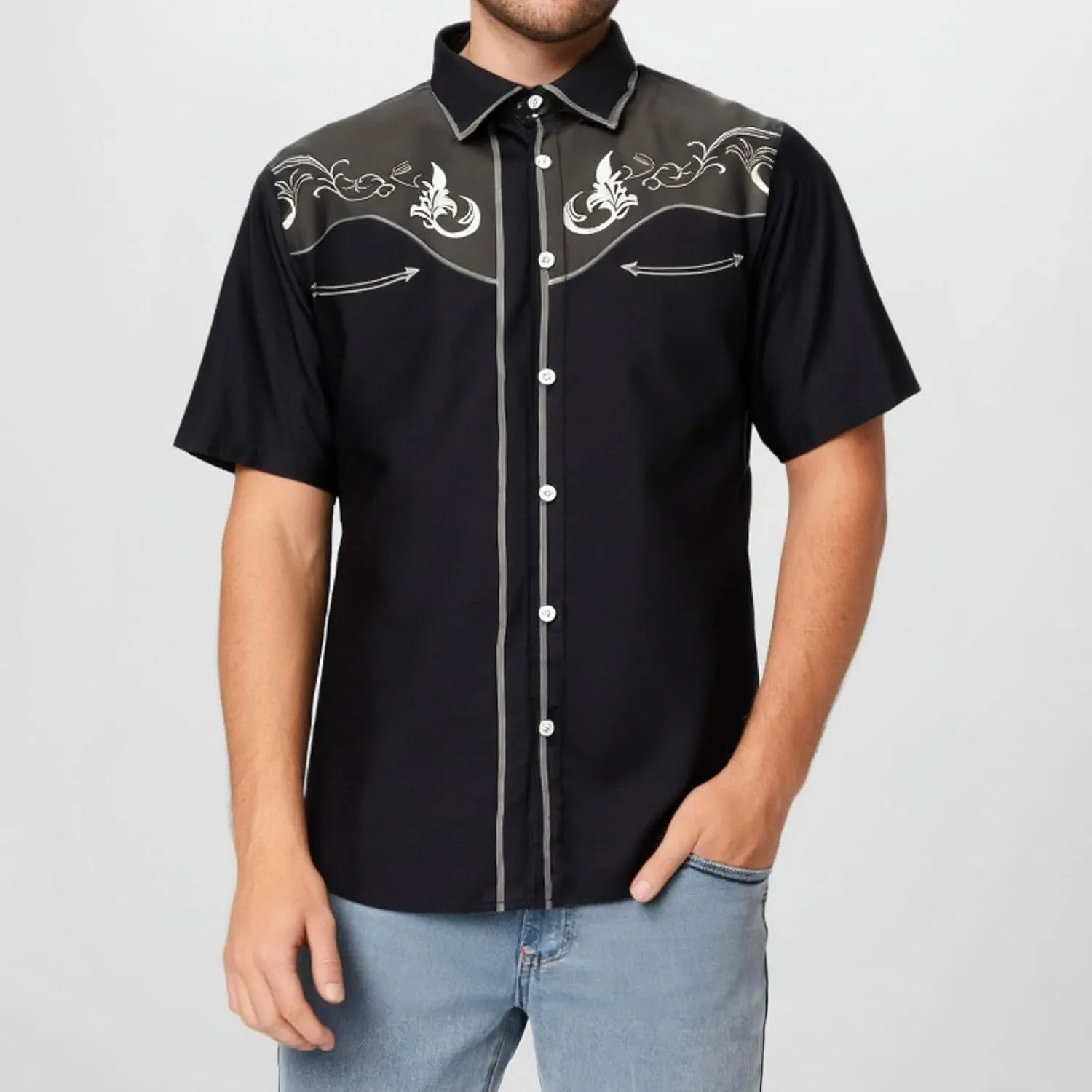 Men's Cowboy Shirts Embroidered Rose Design Big and Tall Casual Loose Tee Tops Western Short Sleeve Button Down
