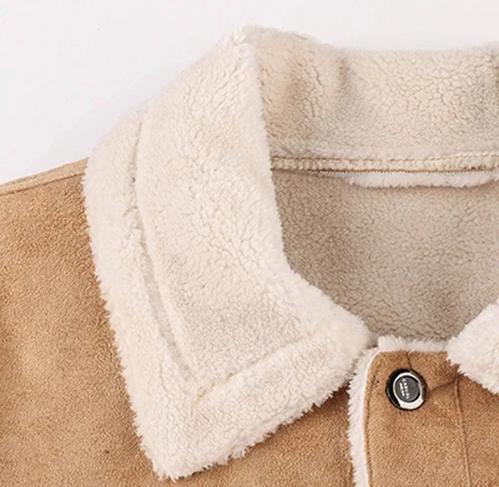 Men's Faux Leather Fur Jackets Button Down Lapel Cargo Winter Coats Pleather Fleece Lined Warm Vintage Bomber Jacket