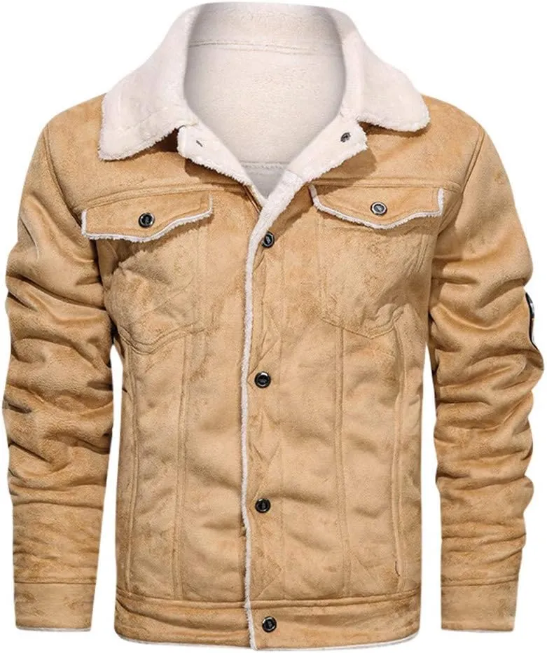 Men's Faux Leather Fur Jackets Button Down Lapel Cargo Winter Coats Pleather Fleece Lined Warm Vintage Bomber Jacket
