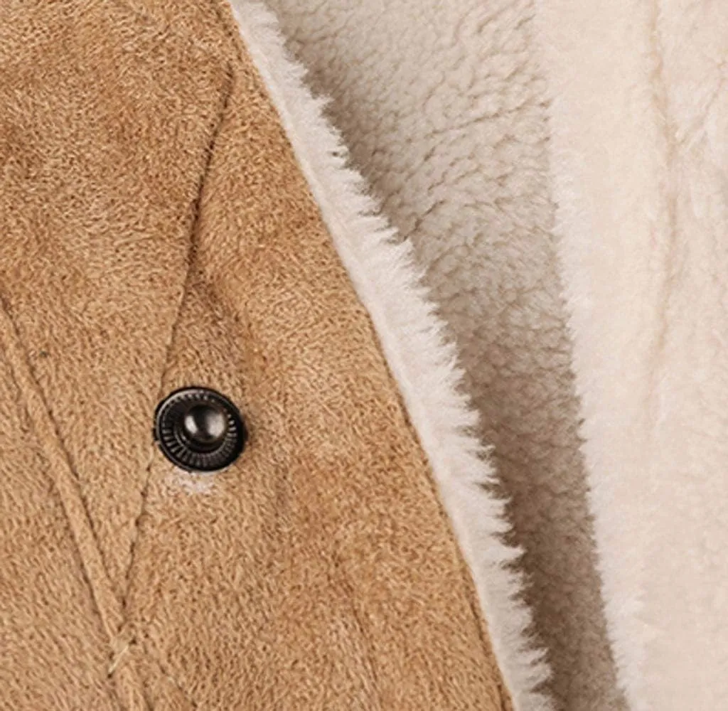Men's Faux Leather Fur Jackets Button Down Lapel Cargo Winter Coats Pleather Fleece Lined Warm Vintage Bomber Jacket
