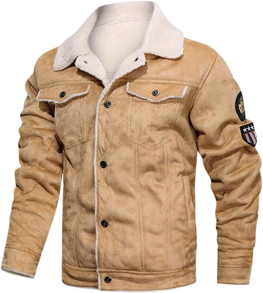 Men's Faux Leather Fur Jackets Button Down Lapel Cargo Winter Coats Pleather Fleece Lined Warm Vintage Bomber Jacket