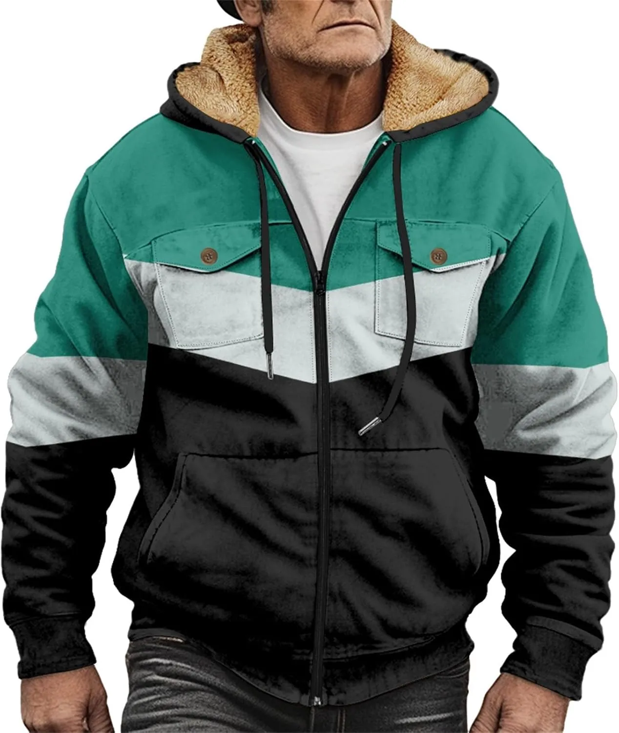 Men's Fleece Sweatshirts Jackets Plush Warm Fuzzy Winter Hoodies Workout Loose Fit Outdoor Thermal Cargo Sherpa Coats