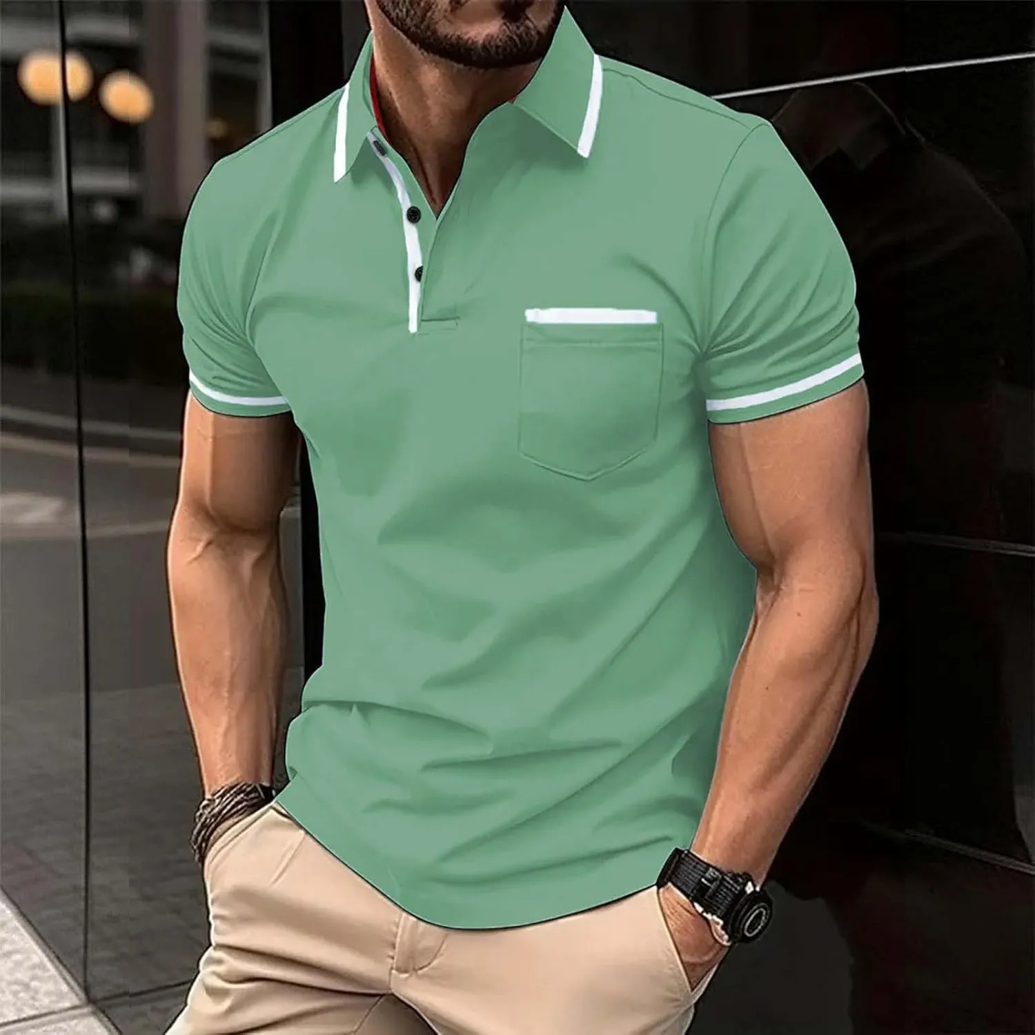 Mens Shirts Casual Fashion Button Down Short Sleeve Polo Shirt Summer Vacation Shirts Loose Athletic Pullover Tee