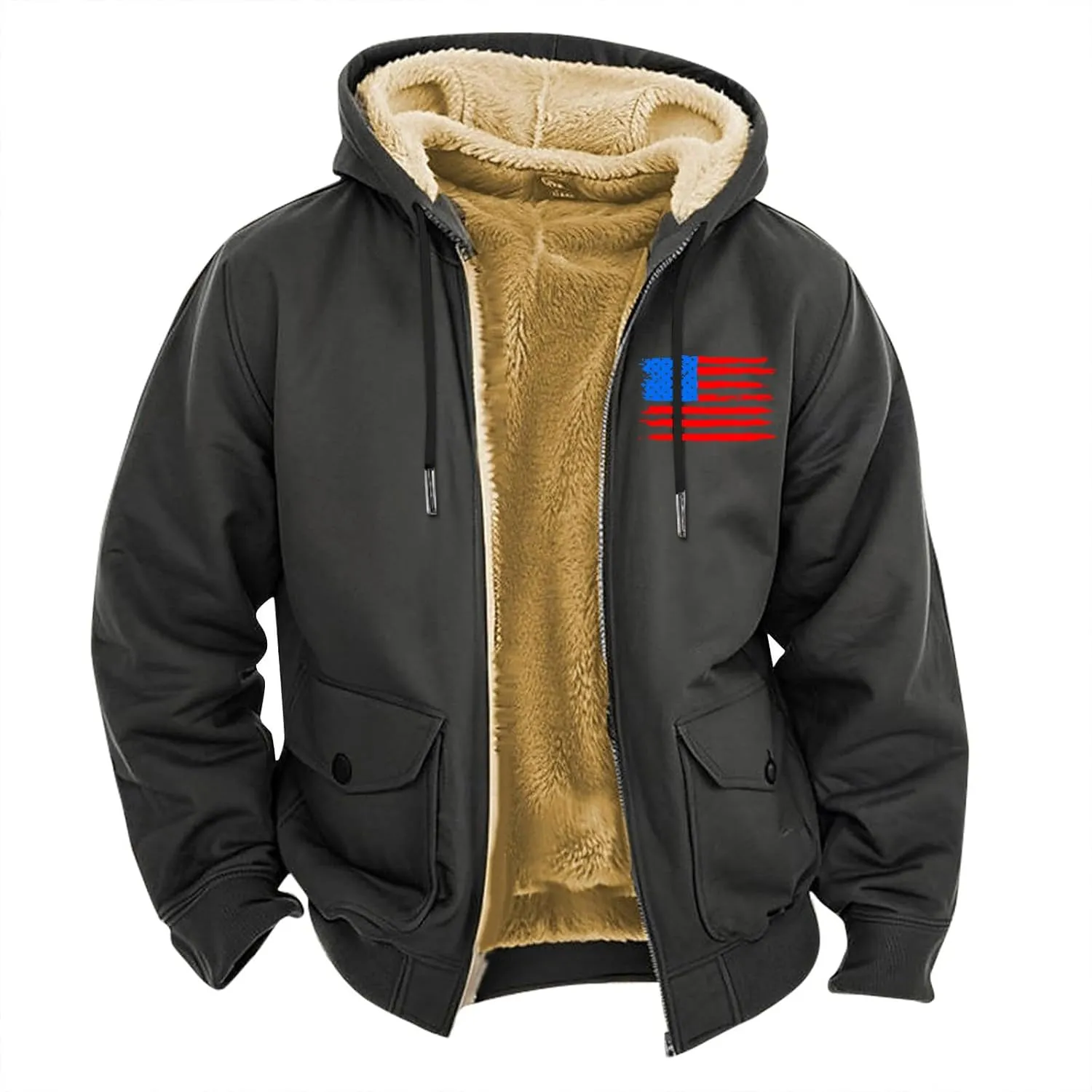 Mens Winter Coats Sherpa Fleece Jacket USA Flag Graphic Big and Tall Zip Up Outdoor Thicken Jacket with Pockets