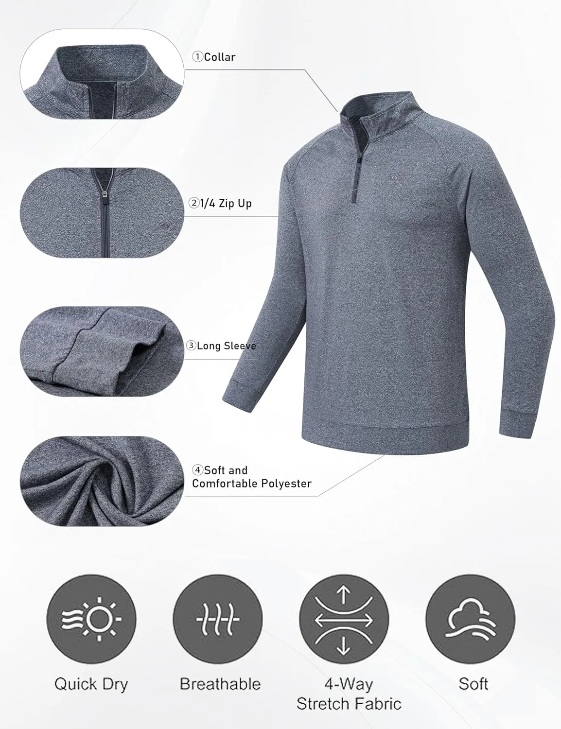 MoFiz Men's Long Sleeve Shirts Quarter Zip Pullover Men's Polo Shirts Quick Dry