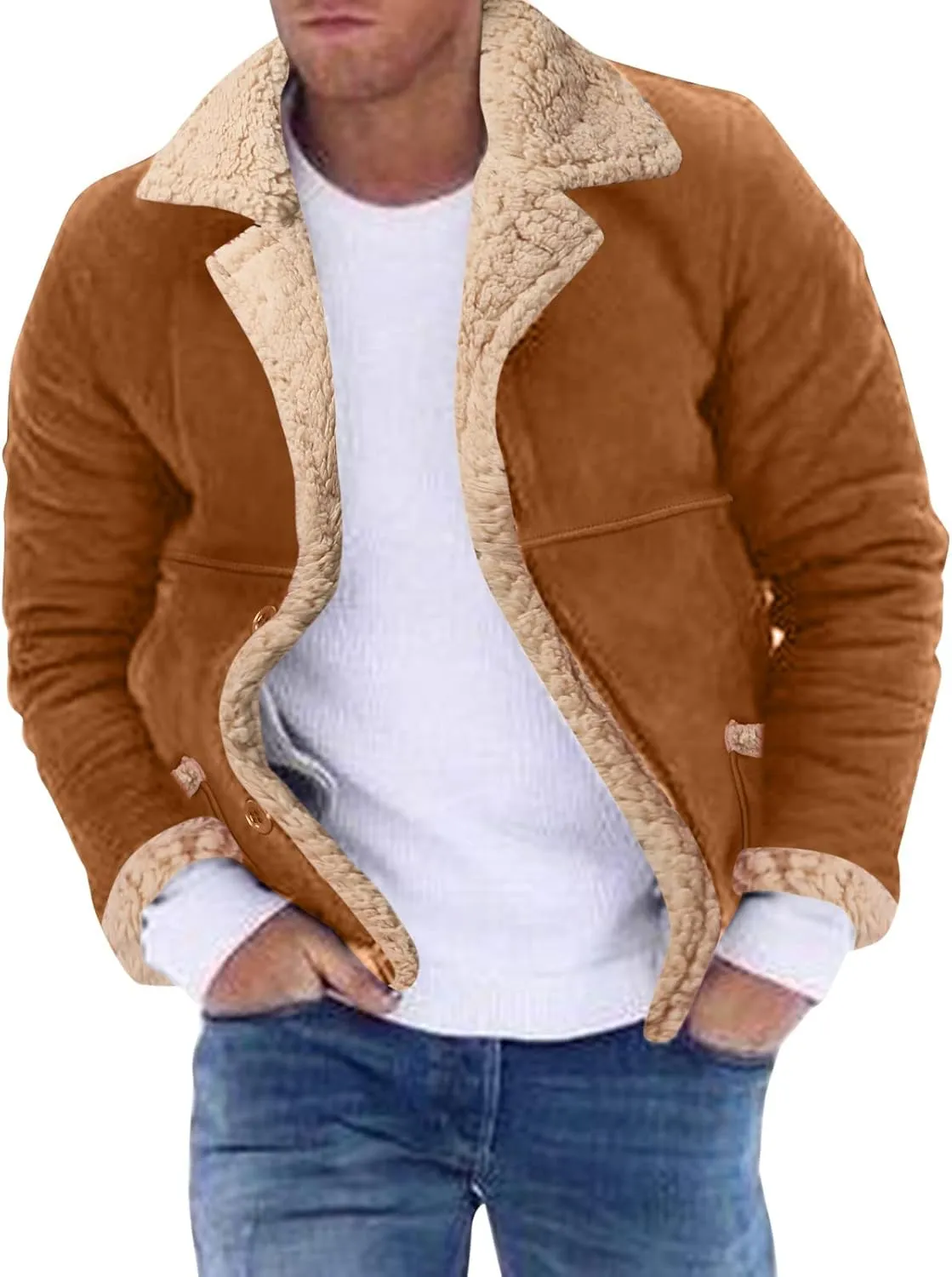 Sherpa Lined Trucker Jackets for Men Faux Suede Bomber Jacket with Fur Collar Button Down Winter Jackets Aviator Coat