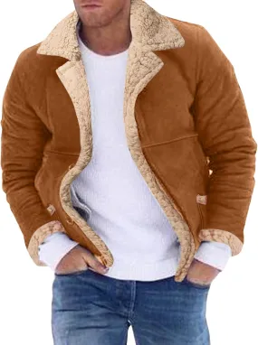 Sherpa Lined Trucker Jackets for Men Faux Suede Bomber Jacket with Fur Collar Button Down Winter Jackets Aviator Coat