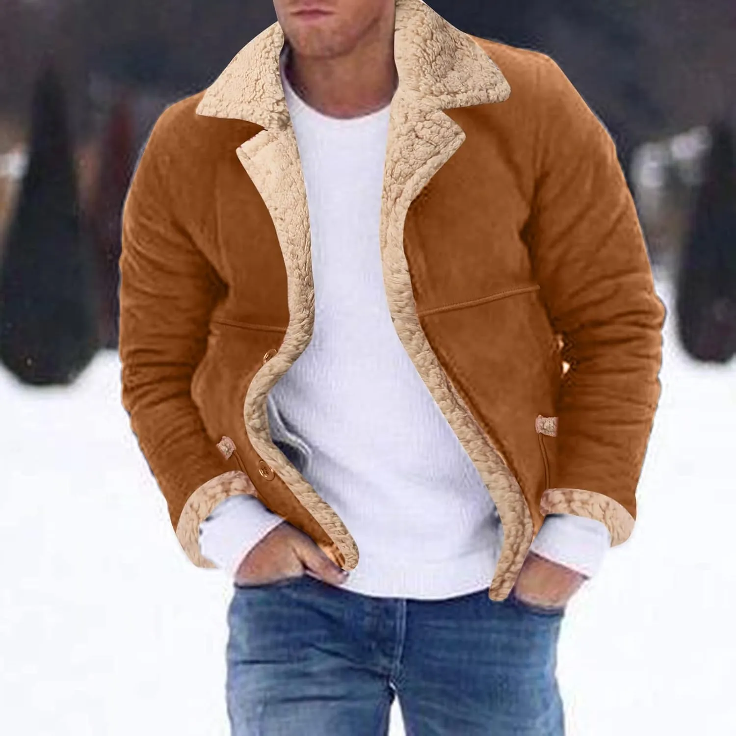 Sherpa Lined Trucker Jackets for Men Faux Suede Bomber Jacket with Fur Collar Button Down Winter Jackets Aviator Coat