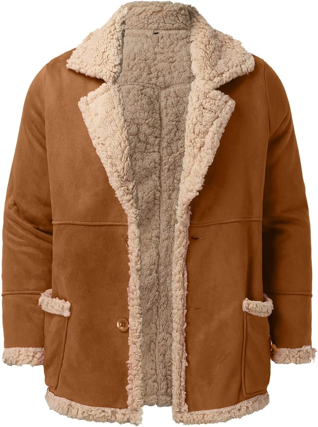 Sherpa Lined Trucker Jackets for Men Faux Suede Bomber Jacket with Fur Collar Button Down Winter Jackets Aviator Coat