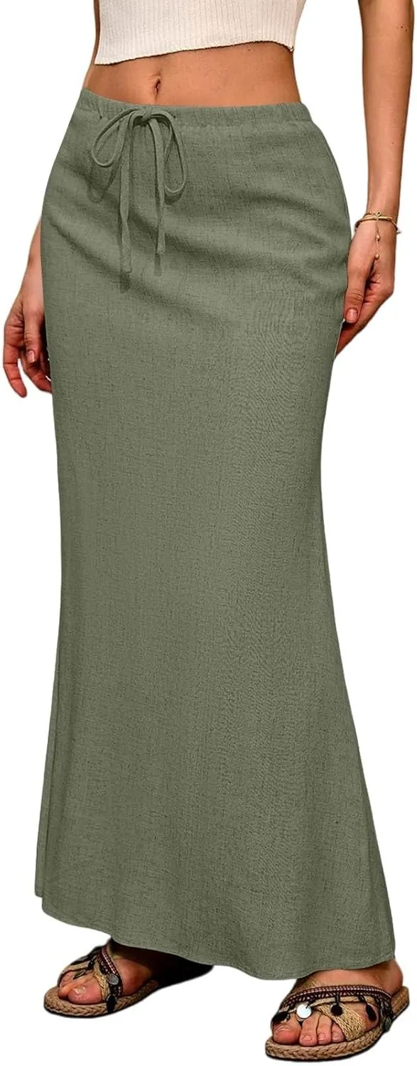 Summer Skirts for Women 2025 Maxi Length Back Slit Linen Skirt Summer Drawstring Elastic Waist Long Skirt with Pocket