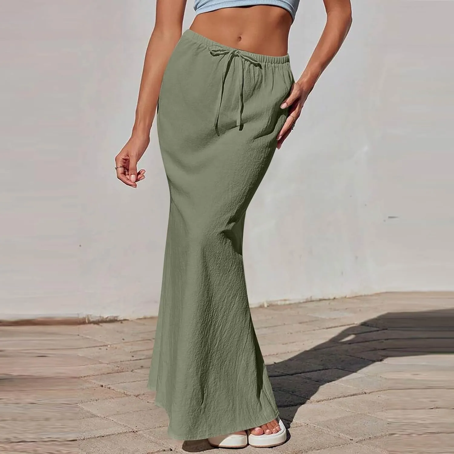 Summer Skirts for Women 2025 Maxi Length Back Slit Linen Skirt Summer Drawstring Elastic Waist Long Skirt with Pocket