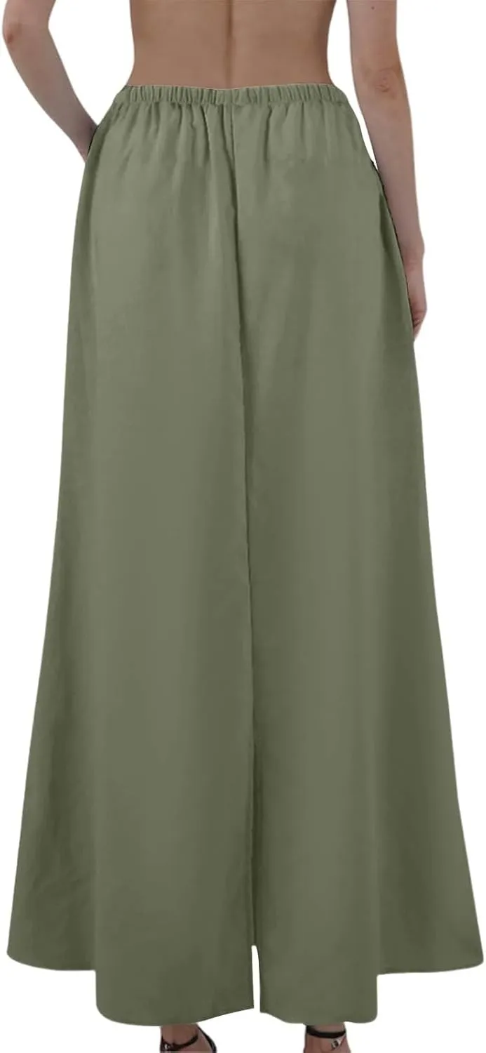 Summer Skirts for Women 2025 Maxi Length Back Slit Linen Skirt Summer Drawstring Elastic Waist Long Skirt with Pocket