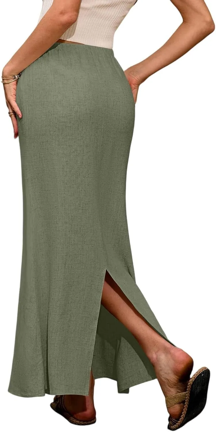 Summer Skirts for Women 2025 Maxi Length Back Slit Linen Skirt Summer Drawstring Elastic Waist Long Skirt with Pocket