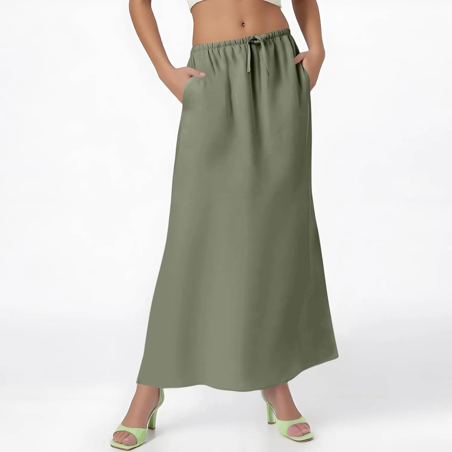 Summer Skirts for Women 2025 Maxi Length Back Slit Linen Skirt Summer Drawstring Elastic Waist Long Skirt with Pocket