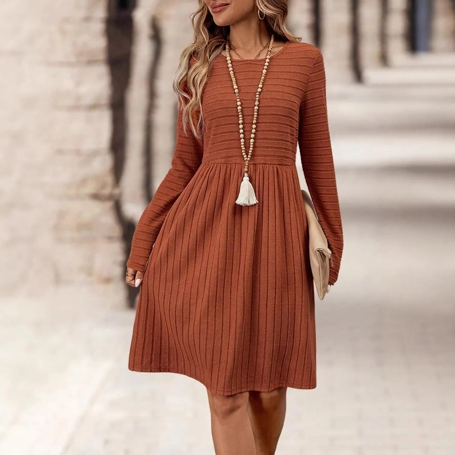 Tea Party Dresses for Woman Petite Classy Long Sleeve Elastic Waist Spring Wedding Guest Dress Homecoming Sweater Sundress