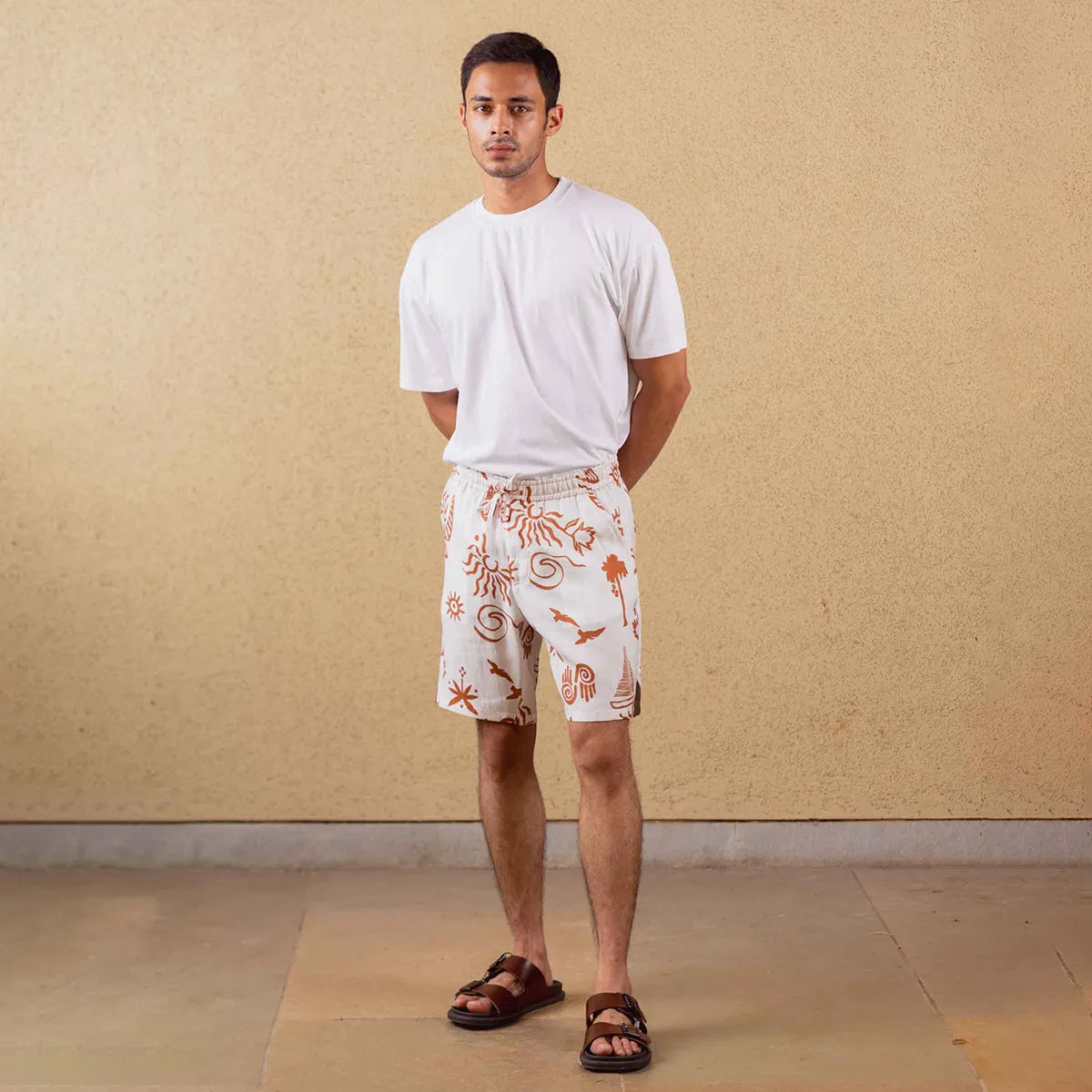 Tencel Printed Shorts For Men | Elasticated Waist | White