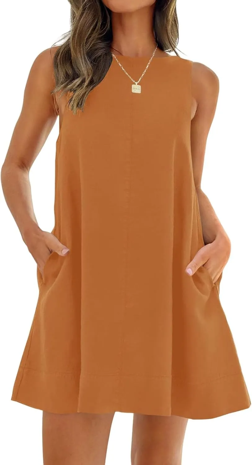 Women 2025 Summer Sleeveless Tank Dresses Crew Neck Tank Short Mini Dress Casual Backless Cotton Linen Beach Dresses