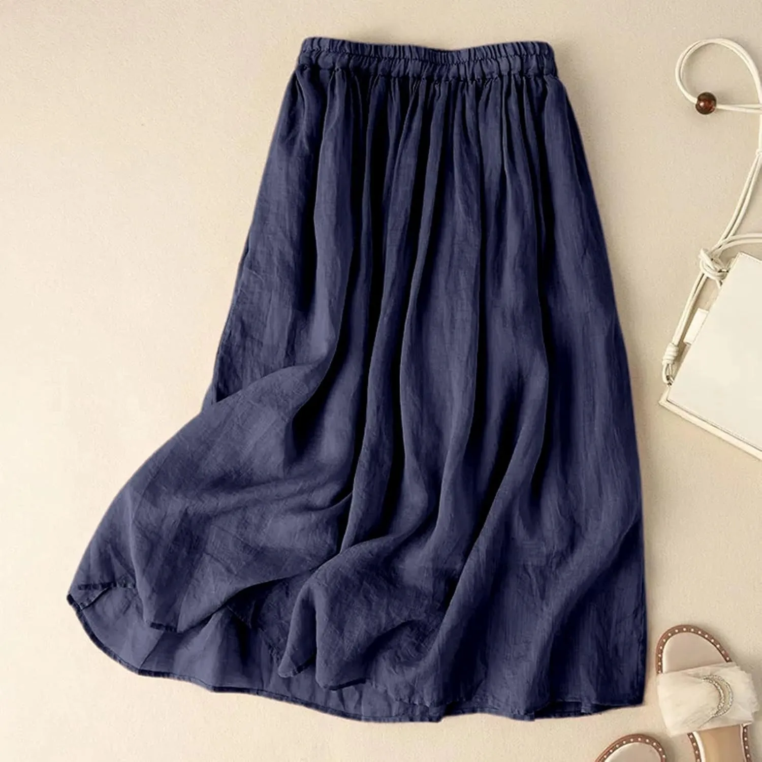 Women Linen Maxi Skirt Elastic Waist Flowy Peasant Long Skirts Renaissance Boho 2025 Summer Vacation A-Line Skirt