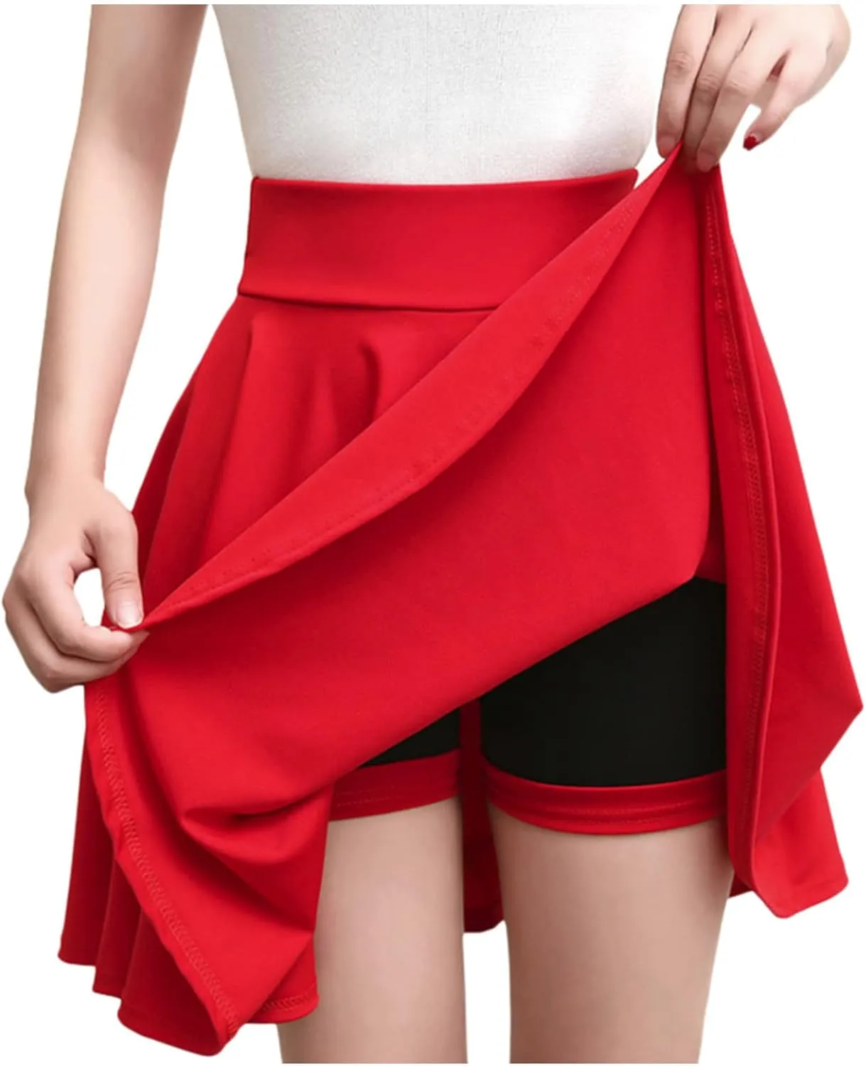 Women Skirt with Shorts High Waist Side Zipper Pleated Wrap Solid Color Casual Summer A Line Mini Skirts