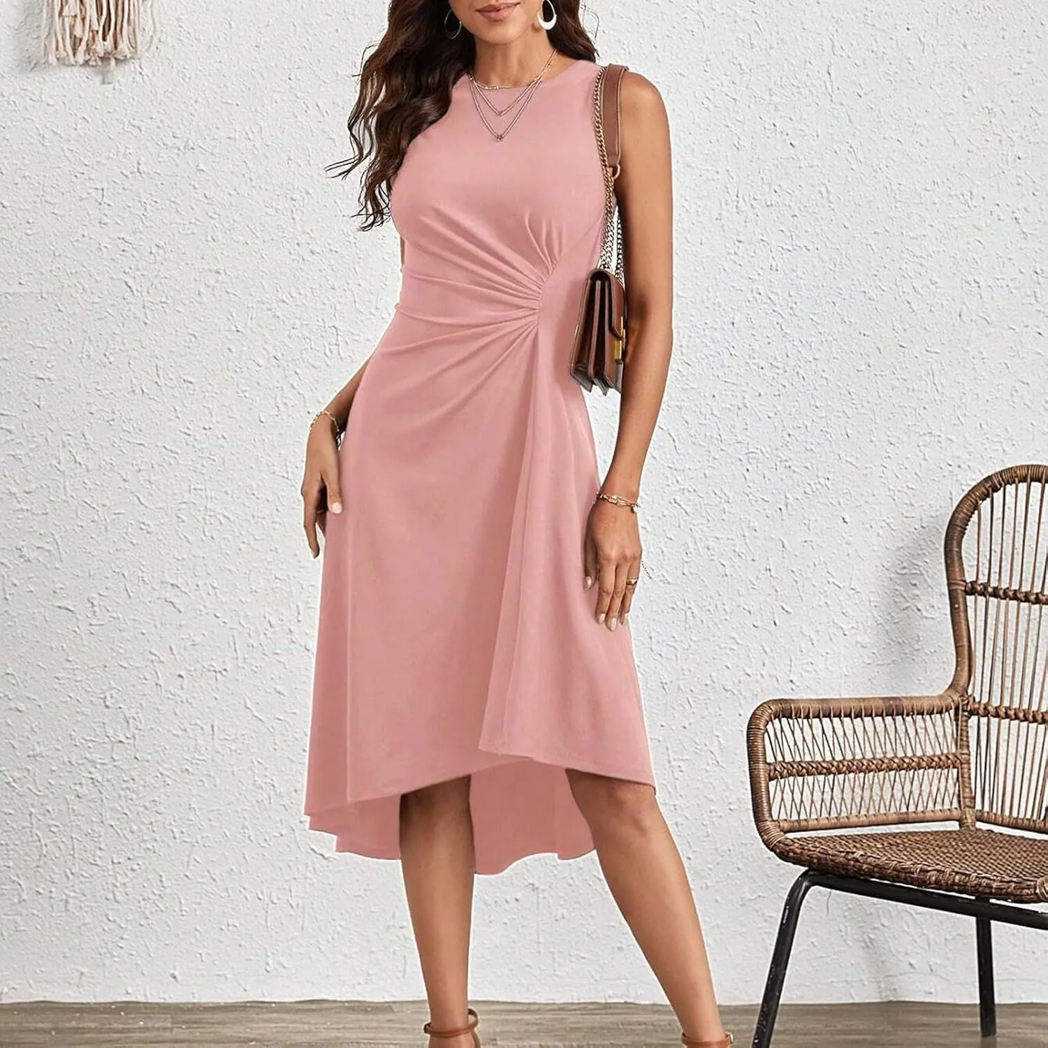 Women's 2025 Summer Sleeveless Ruched Waist Flowy A Line High Low Midi Cocktail Party Casual Office Dresses
