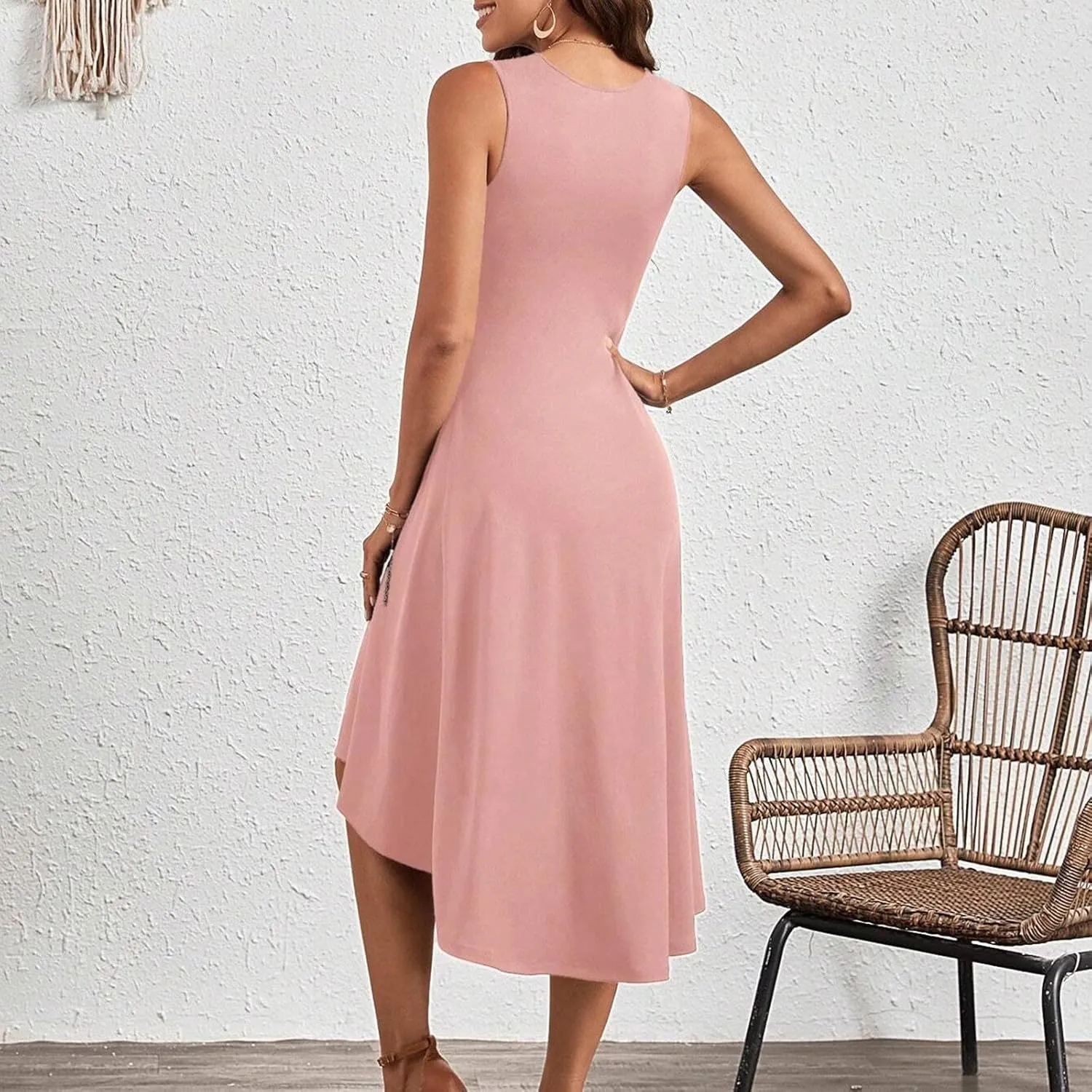 Women's 2025 Summer Sleeveless Ruched Waist Flowy A Line High Low Midi Cocktail Party Casual Office Dresses