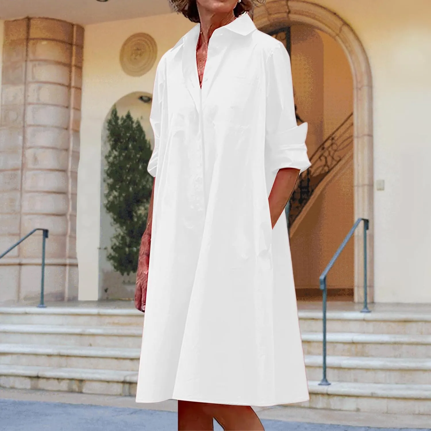 Womens Shirt Dress Rolled Long Sleeve Button Down Summer Dress Dressy Collared V Neck Mini Dresses Loose Casual Dresses
