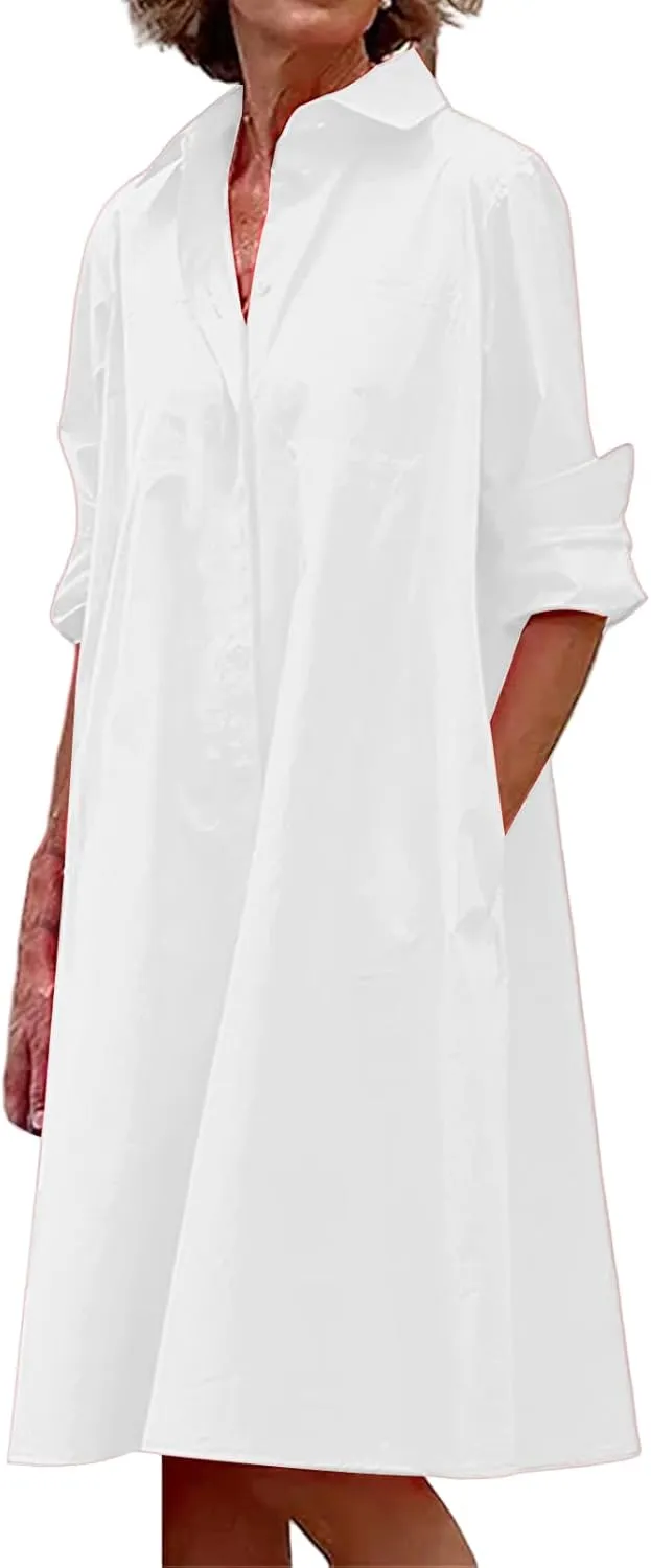 Womens Shirt Dress Rolled Long Sleeve Button Down Summer Dress Dressy Collared V Neck Mini Dresses Loose Casual Dresses