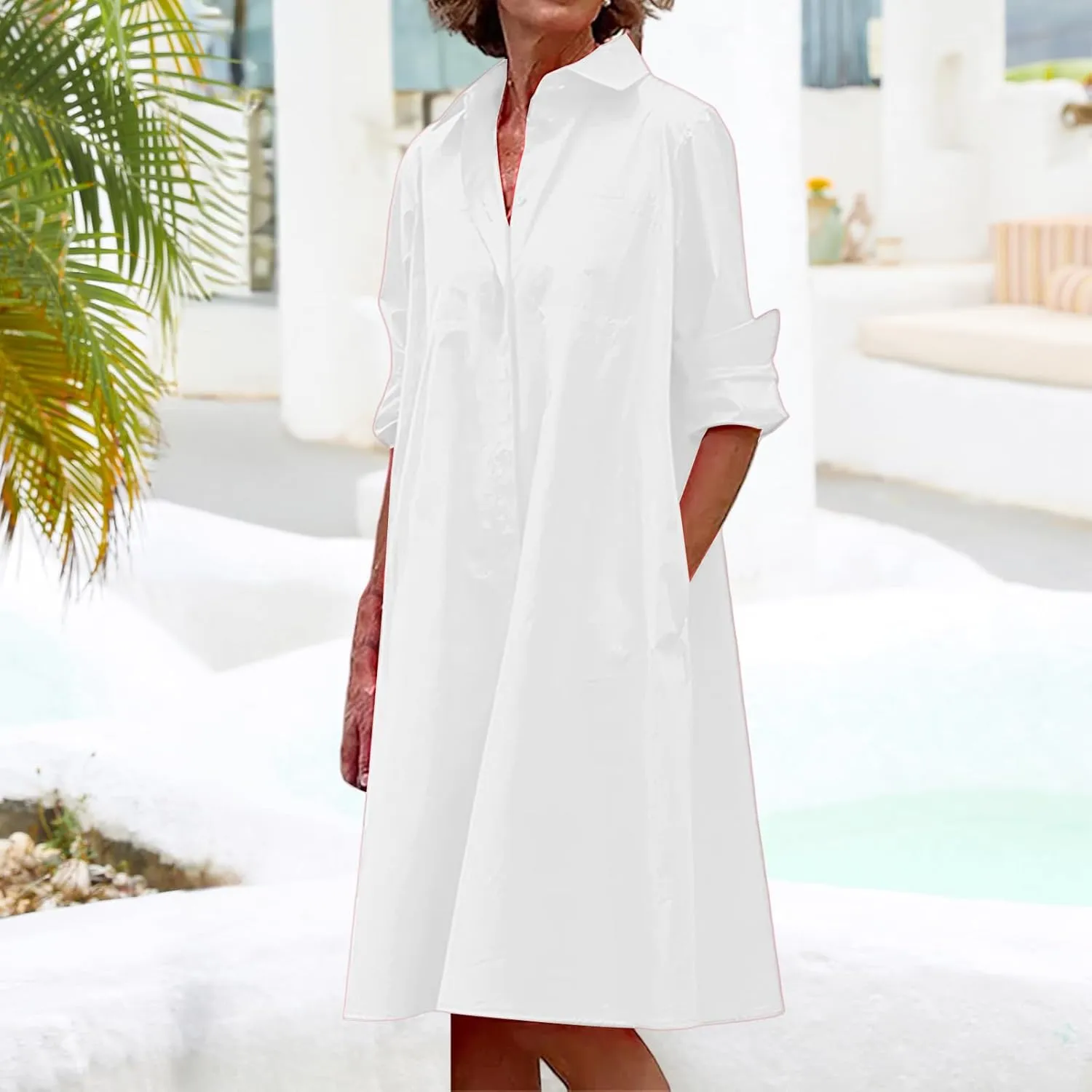 Womens Shirt Dress Rolled Long Sleeve Button Down Summer Dress Dressy Collared V Neck Mini Dresses Loose Casual Dresses
