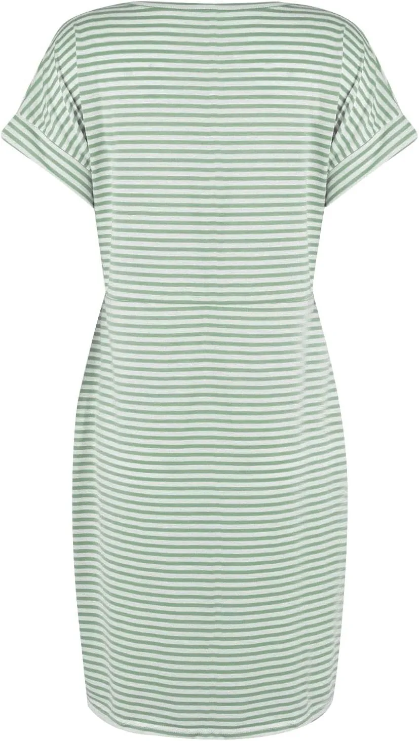 Women's Summer Dresses 2025 Trendy Crewneck Short Sleeve Midi T Shirt Dress Tie Waist Striped Tunic Dress with Pocket