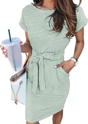 Women's Summer Dresses 2025 Trendy Crewneck Short Sleeve Midi T Shirt Dress Tie Waist Striped Tunic Dress with Pocket