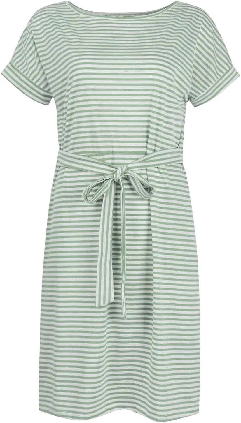 Women's Summer Dresses 2025 Trendy Crewneck Short Sleeve Midi T Shirt Dress Tie Waist Striped Tunic Dress with Pocket