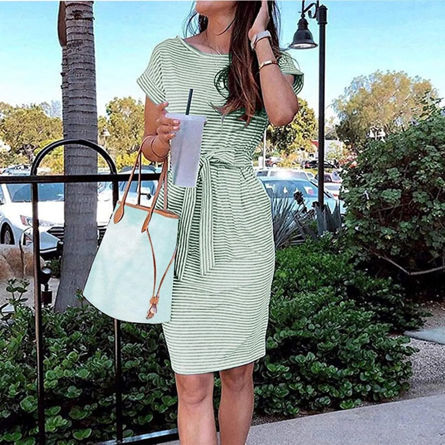 Women's Summer Dresses 2025 Trendy Crewneck Short Sleeve Midi T Shirt Dress Tie Waist Striped Tunic Dress with Pocket
