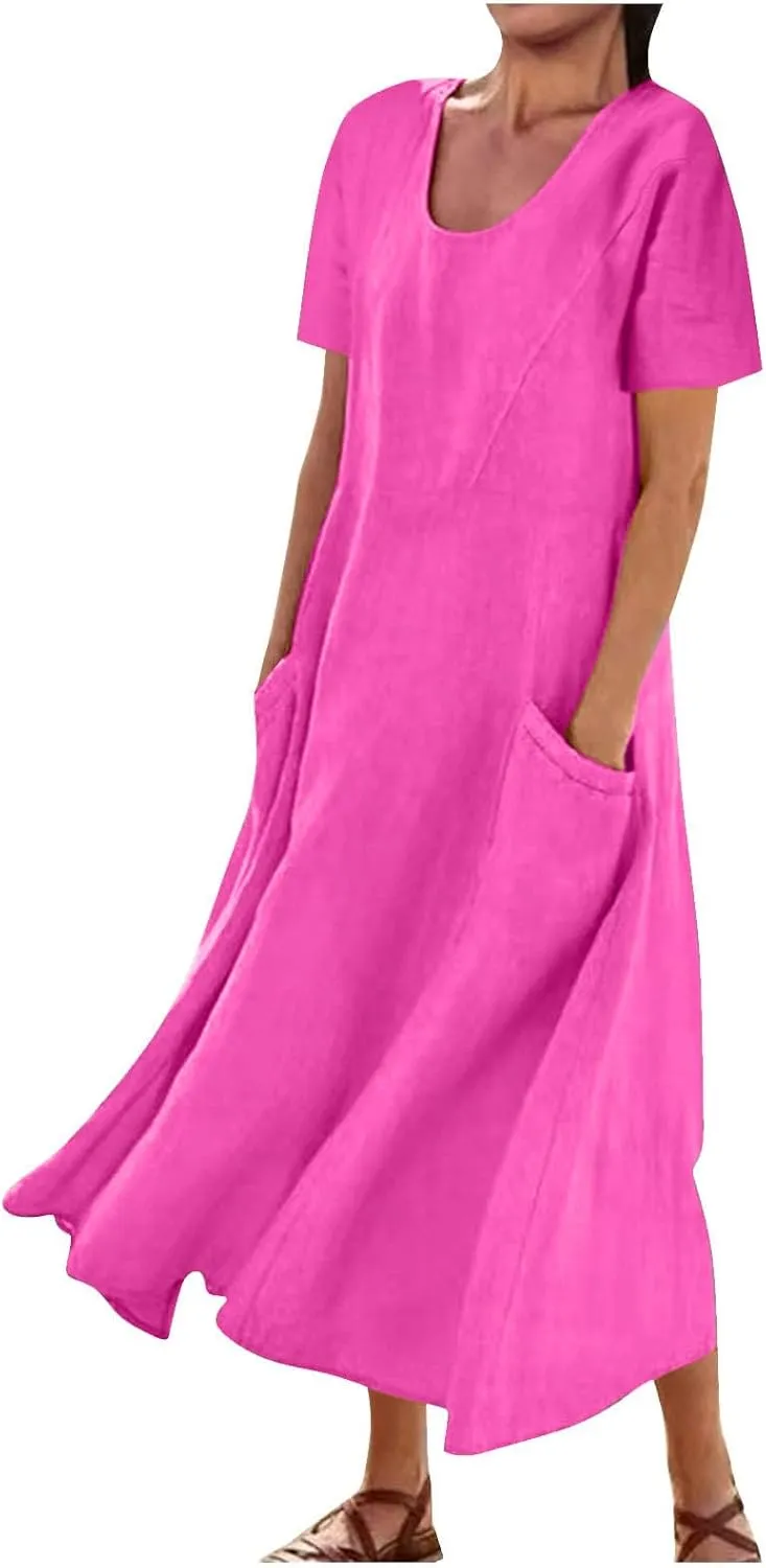 Womens Summer Dresses Cotton Linen Short Sleeve Tshirt Beach Flowy Dresses Casual Loose Solid Sundresses with Pockets