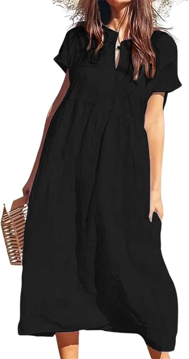 Womens Summer Linen Flowy Maxi Dress Short Sleeve V Neck Dresses Loose Casual Tiered Ruffle High Waist Long Dresses