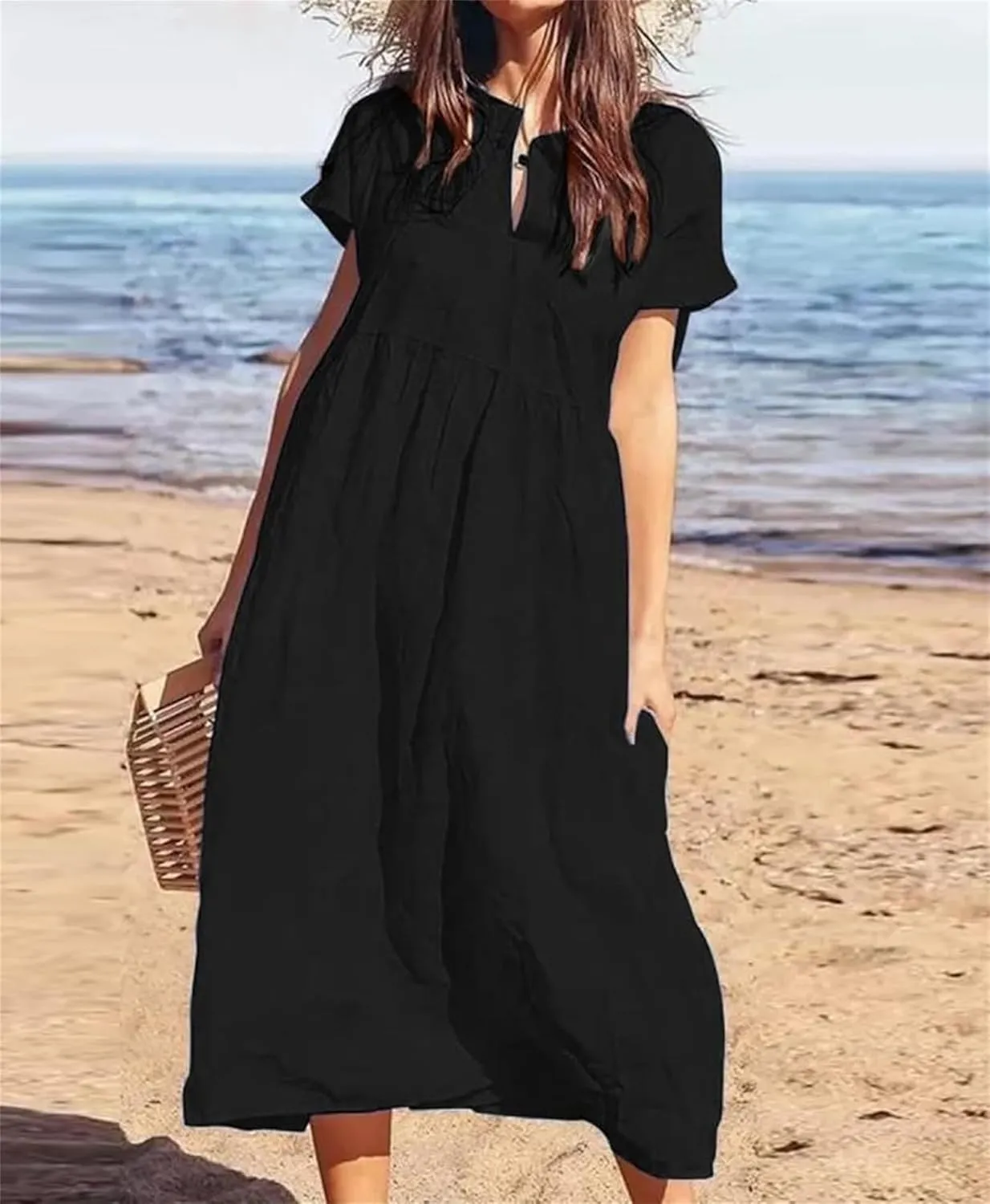 Womens Summer Linen Flowy Maxi Dress Short Sleeve V Neck Dresses Loose Casual Tiered Ruffle High Waist Long Dresses