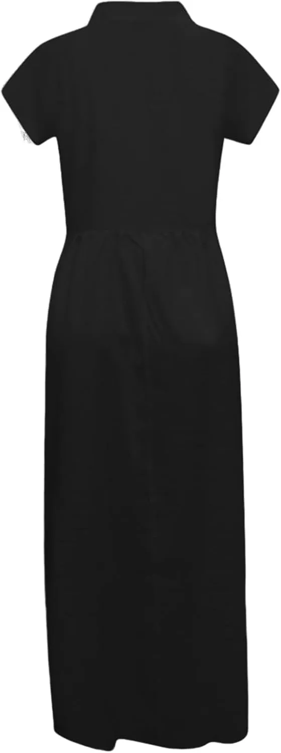 Womens Summer Linen Flowy Maxi Dress Short Sleeve V Neck Dresses Loose Casual Tiered Ruffle High Waist Long Dresses