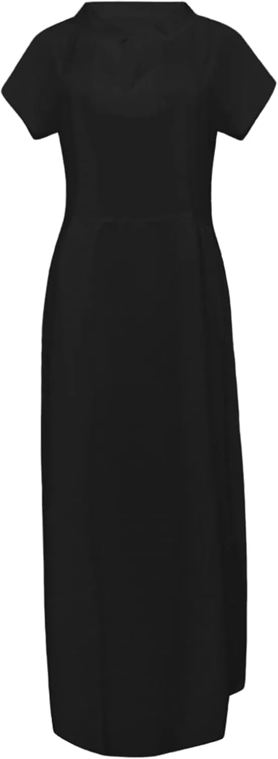 Womens Summer Linen Flowy Maxi Dress Short Sleeve V Neck Dresses Loose Casual Tiered Ruffle High Waist Long Dresses